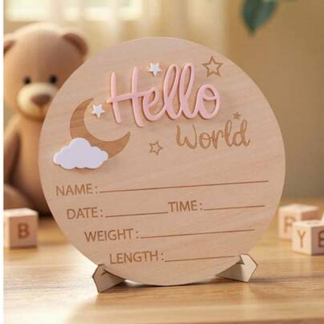 SHEIN 1pc Newborn Photography Props &#34;HELLO WORLD&#34; Baby Birth Announcement Sign, Wooden Baby Name Announcement Plaque, Baby Memorial Items, Baby Shower Easte