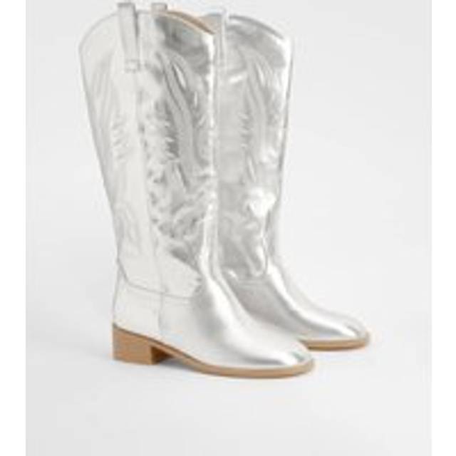 Womens Square Toe Low Heel Knee High Western Boots - Grey - 6