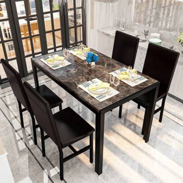 SHEIN Living Room And Dining Room Table And Chair Set, Artificial Faux Marble Tabletop, Black Metal Frame, 4 Upholstered Dining Chairs, A Dining Table For 4