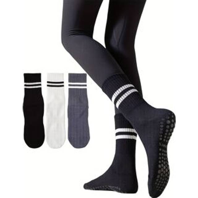 TEMU 3 Pairs Women's Pilates Grip Socks - Non-slip Yoga Socks With Barre & Hospital Grip, Breathable Polyester, Striped Design For Use, , Socks, Textured Sole Socks, Durable Socks