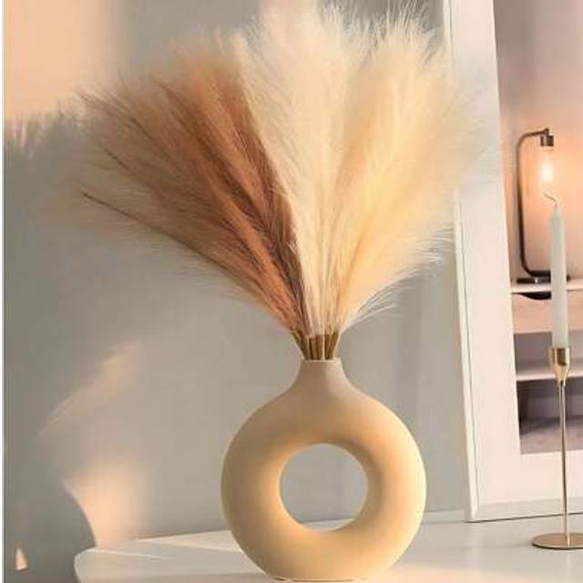 SHEIN 12pcs Artificial Pampas Grass Decor 21.6 Inch Boho Decor, Elegant Floral Fabric Material,Faux Pampas Grass Living Room Party Home Decor, Natural Fake