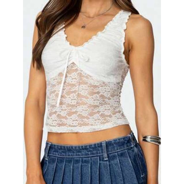 SHEIN Women&#39;s Lace Camisoles Stylish Mesh See Through Lace Flower Slim Fit Sleeveless Crop Tank Tops