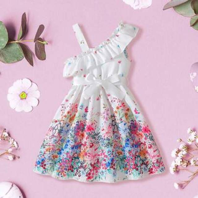 SHEIN Kids Girls Slip Dress, Sleeveless Flowers Summer A-Line Dress Princess Dress With Belt