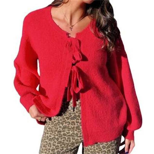 SHEIN Women&#39;s Fashion Sweater Cardigan Red Long Sleeve Crew Neck Bow Tie Front Knitwear