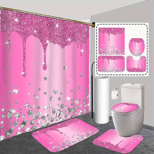 TEMU Sparkling Pink 4pcs Shower Curtain Set With Rugs, Toilet Lid Cover, Non-slip Mat, And 12 Hooks - Polyester Bathroom Decor, Hand Wash Only, Fashionable Cartoon Pattern, 72"x72"