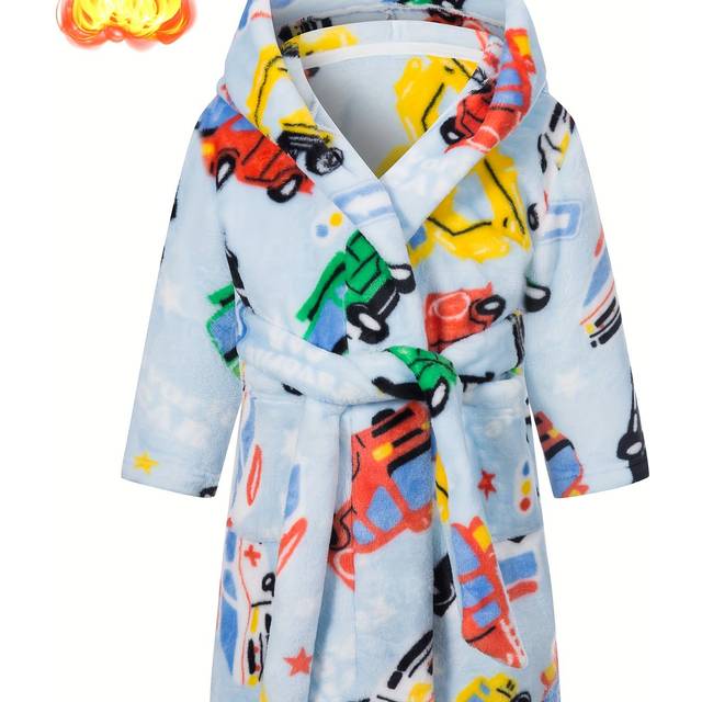 TEMU Kids' Soft Flannel Hooded Bathrobe With Pockets - Long Sleeve Machine-washable Winter Robe For 2-11 Years, Sleepwear & Holiday Gift With Random Print Design, Kids Bath Robe