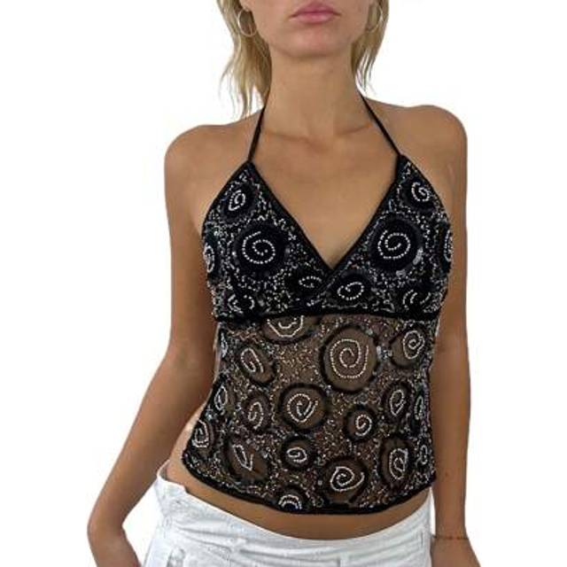 SHEIN Women&#39;s Fashion Sequin Bead Camisole Top Sleeveless Exposed Back Lace Up Vest Summer Street Party Club Outfit