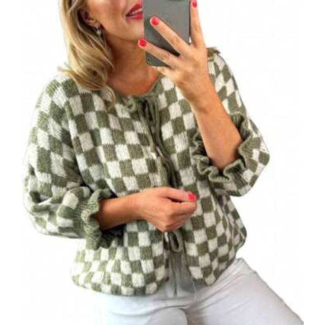 SHEIN Women&#39;s Checkered Tie Front Cardigan Crew Neck Half Sleeve Tie-Up Knitted Sweater Casual Streetwear