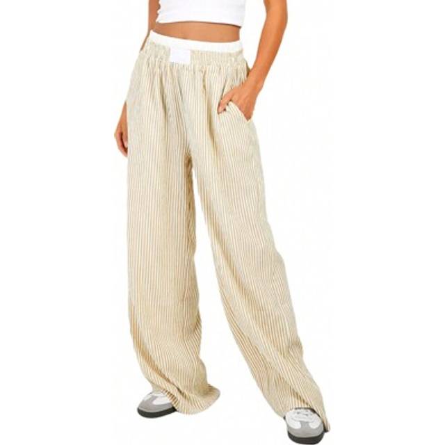 SHEIN Women&#39;s Lounge Pants Stripe Elastic Waist Loose Comfy Casual Pants Summer Straight Leg Trousers Streetwear