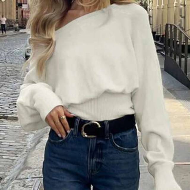 SHEIN Women&#39;s Casual Elegant Solid Color Off-Shoulder Fit Bat Long Sleeve Regular Pullover Knitted Off The Shoulder Jumper Crop Tops Cute Sweatershirt, Spri