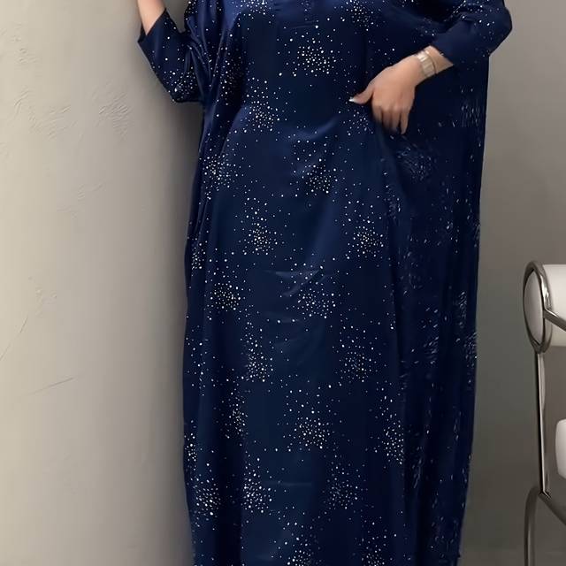 TEMU Elegant Blue Rhinestone Abaya - Modest Long Sleeve Pullover Maxi Dress For Women, Traditional Arabic Style, Spring/summer, Elegant Attire | Traditional Abaya | Polyester Fabric