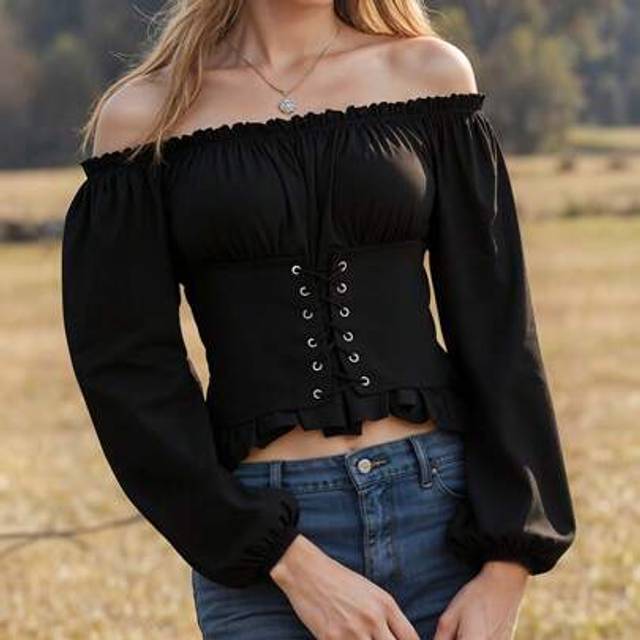 SHEIN Sheonly Casual Off-Shoulder Corset Blouse - Lace-Up Tie Waist Shirt With Long Sleeves