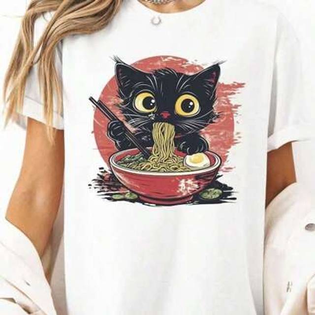 SHEIN Women&#39;s 100% Cotton Ramen Noodle Cat Print T-Shirt - Casual Crew Neck Short Sleeve Tee, Relaxed Fit & Breathable, Machine Washable For All Seasons, Ho
