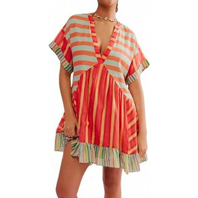 SHEIN Women&#39;s Summer Babydoll Tunic Dress Bohemian Floral Print Short Sleeve V-Neck Flowy Dress With Pockets