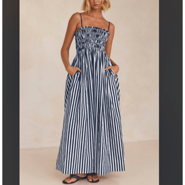 SHEIN Women Summer Slip Long Dress Sleeveless Vertical Stripe Print A-Line Party Dresses Vacation Cocktail Beach Streetwear
