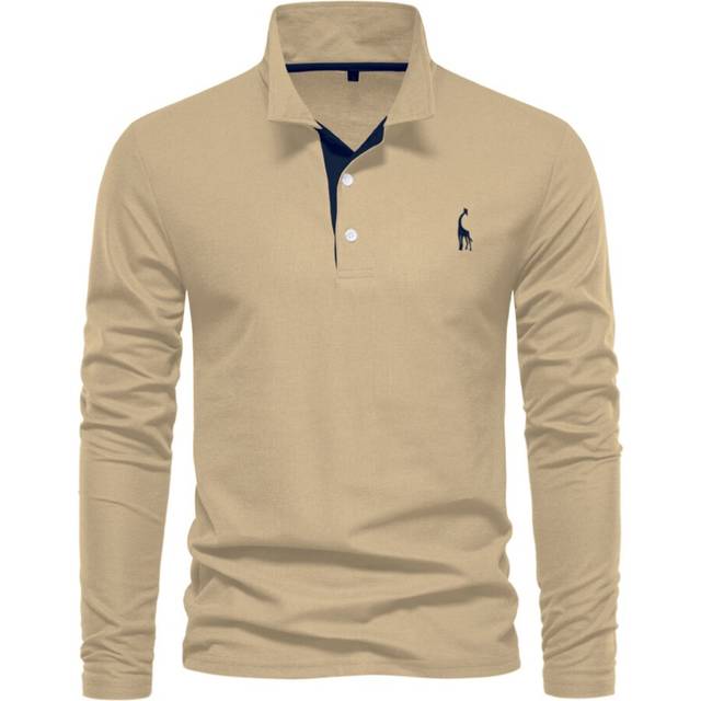 (khaki, 2XL) Mens Long Sleeve Polo Shirt Cotton Golf Giraffe Tops