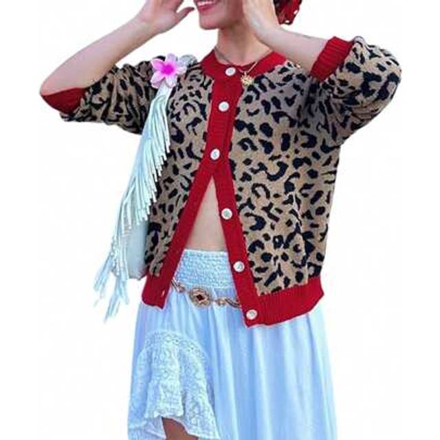 SHEIN Womens Leopard Print Cardigan Crew Neck Long Sleeve Button Down Sweater Casual Streetwear, S/M/L