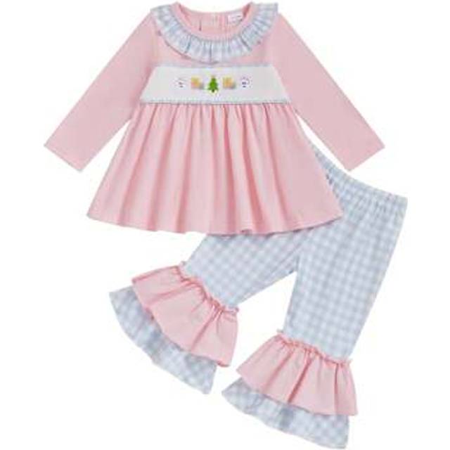 SHEIN Toddler Baby Girls Bell Bottom Set Santa Claus And Christmas Tree Embroidery Long Sleeve Ruffled Tops Plaid Pants 2Pcs Outfit