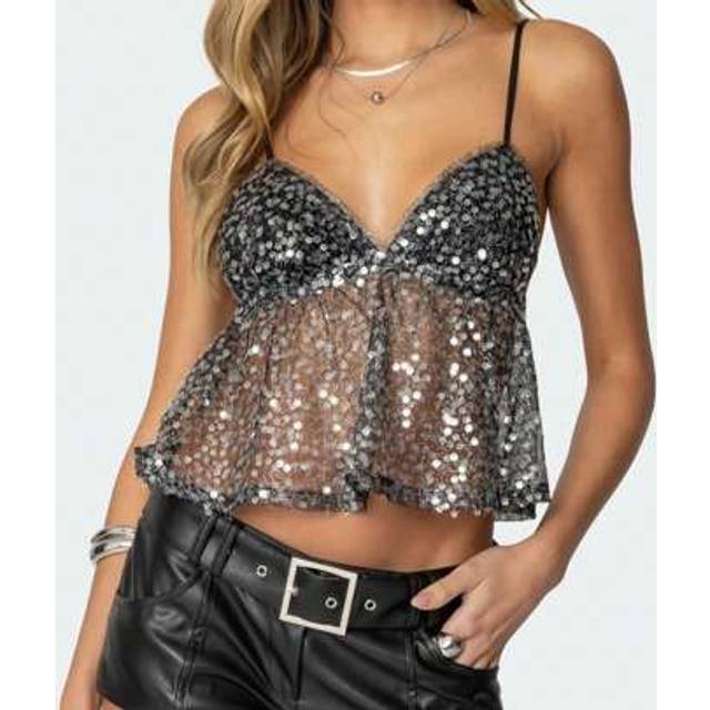 SHEIN Y2K Women&#39;s Sparkly Sequin Spaghetti Strap Crop Top Sleeveless V Neck Rave Tank Vest Clubwear