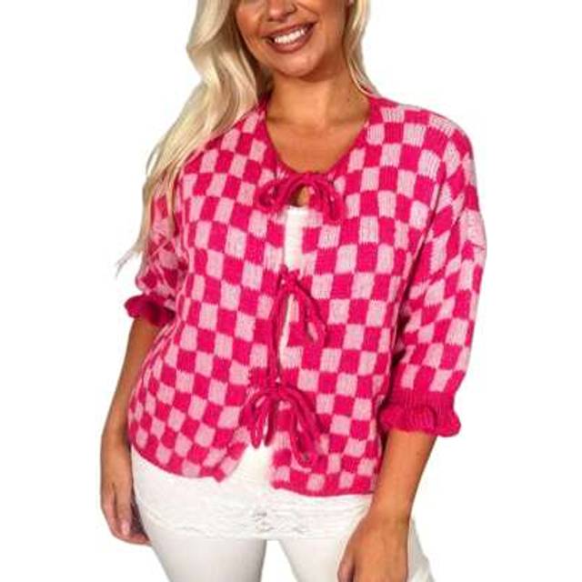 SHEIN Women&#39;s Checkered Tie Front Cardigan Crew Neck Half Sleeve Tie-Up Knitted Sweater Casual Streetwear