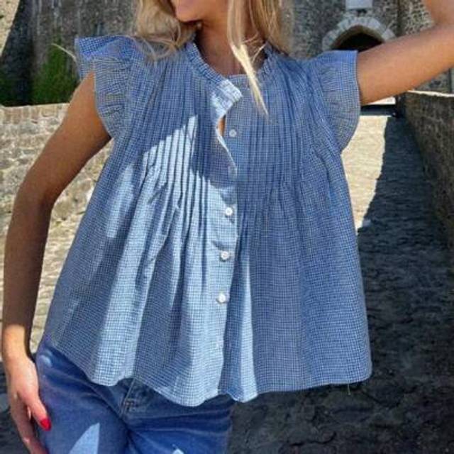 SHEIN Women Boho Floral Blouse Ruffle Flutter Sleeve V Neck Button Front Peplum Shirt Y2k Summer Going Out Babydoll Tops