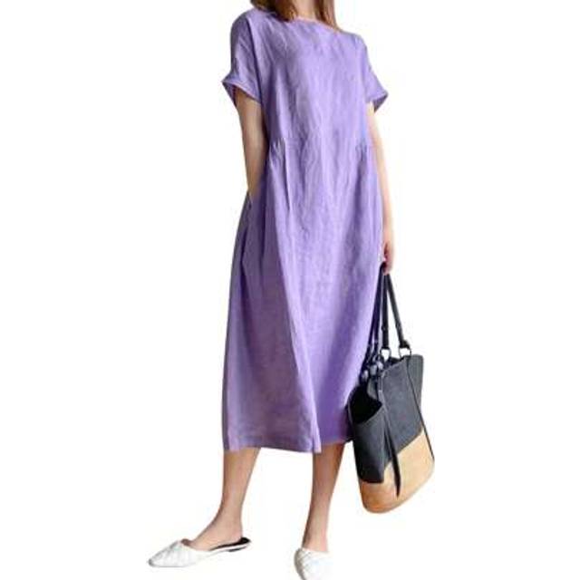 SHEIN Women&#39;s Summer Midi Linen Dress Short Sleeve Round Neck Solid Color Beach Dress With 2 Pockets