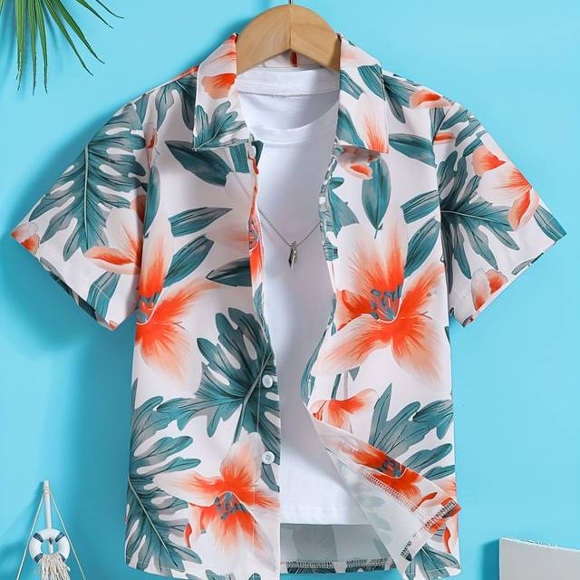 TEMU Boys' Tropical Hawaiian Floral Shirt - Short Sleeve, Button-up, Polyester - Summer