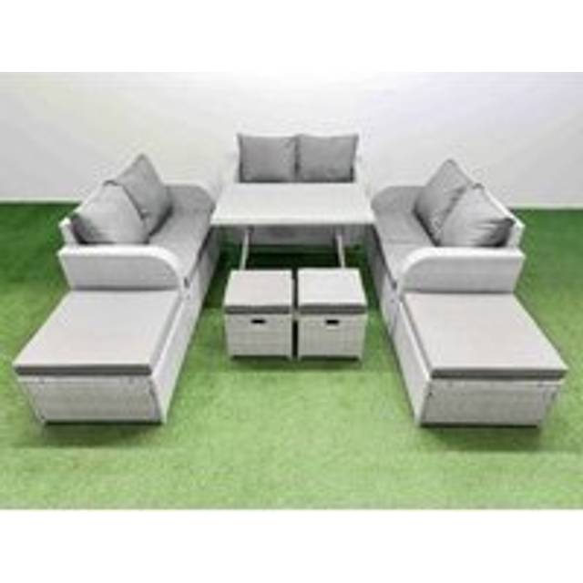 Fimous - 10 Seater Patio Garden Furniture Sets with Dining Table Love Sofa 4 Stools Light Grey