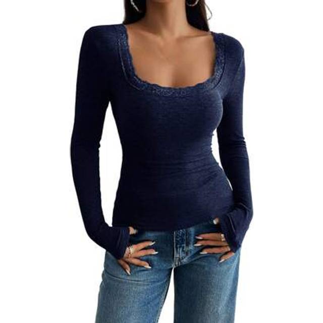 SHEIN Women&#39;s Lace Long Sleeve Top - Autumn Slim Fit Knitted Blouse U Neck Going Out Shirt Elegant Fitted Party  Dinner Outfit