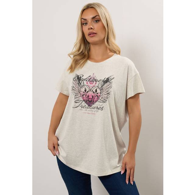 Yours Curve Natural Brown 'Rediscovered Treasures' Heart Print Tshirt, Women's Curve & Plus Size, Yours - 22-24