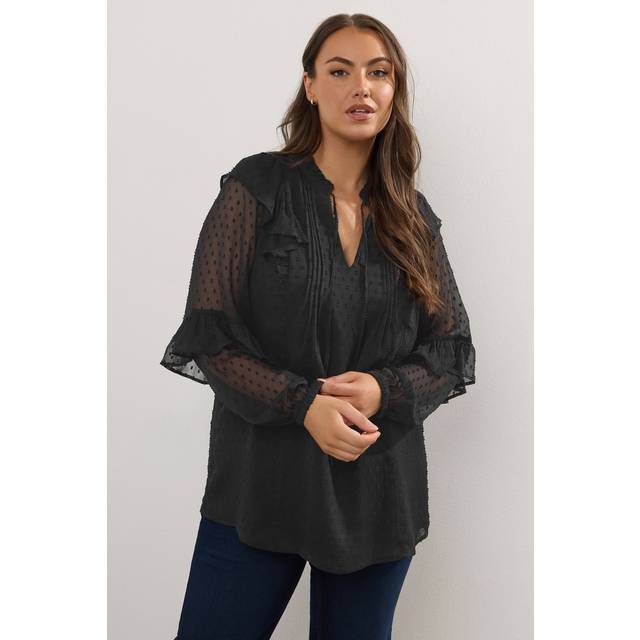 Yours Curve Black Dobby Ruffle Blouse, Women's Curve & Plus Size, Yours - 22-24
