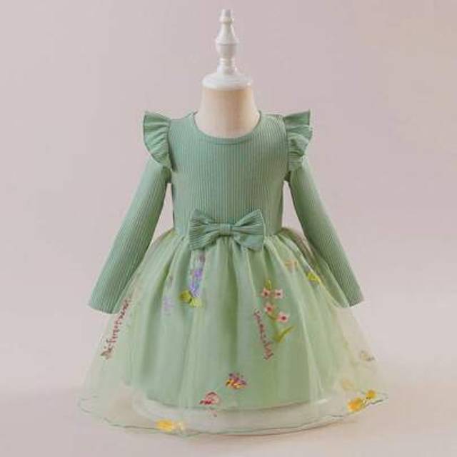 SHEIN Infant/Baby Girl Spring/Summer New Knitted Cap Sleeve Embroidered Mesh Elegant Cute Dress For Party, Wedding, Flower Girl Green Baby Girl Dress Baby G