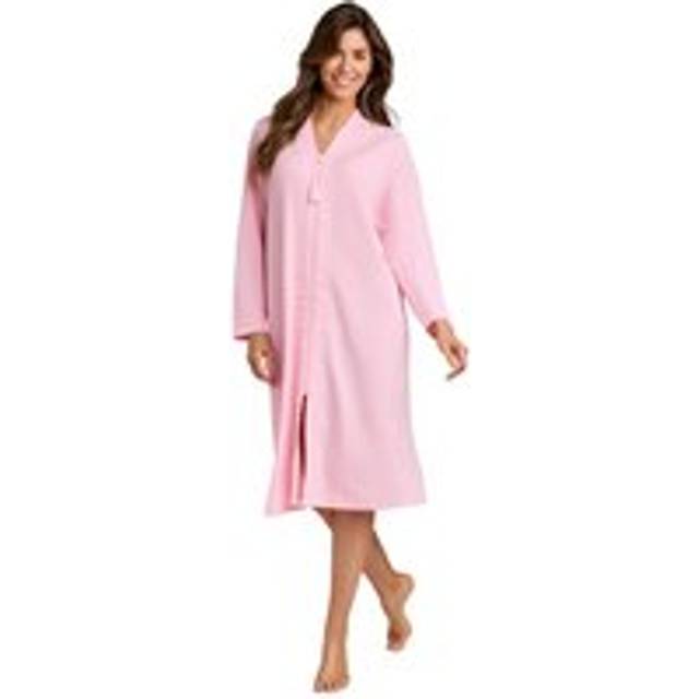 Waffle Zip Through Dressing Gown - Soft Jersey Bathrobe with Tassel - Pink - L