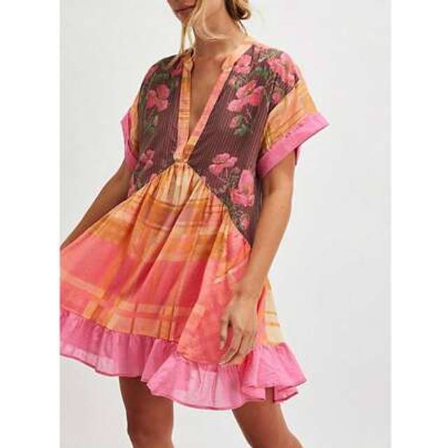 SHEIN Women&#39;s Summer Printed Deep V-Neck Short Sleeve Tunic Dress V Neck Cute Casual Loose Dresses