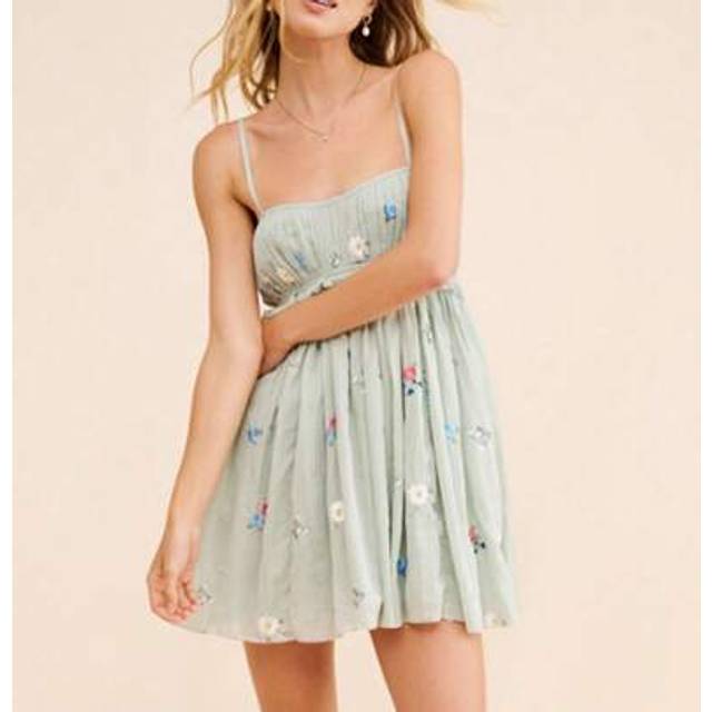 SHEIN Women Summer Sling Mini Dress Flower Embroidered Square Neck Spaghetti Strap Short Dresses Daily Streetwear