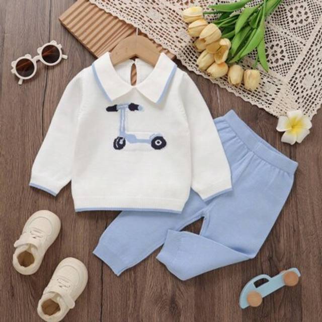 SHEIN 2pcs Baby Boy Casual Sweater Co-Ord Set - White Sweater With Toy Car Pattern + Knitted Blue Pants, Soft & Comfortable For Daily, Outing, Travel, Holid