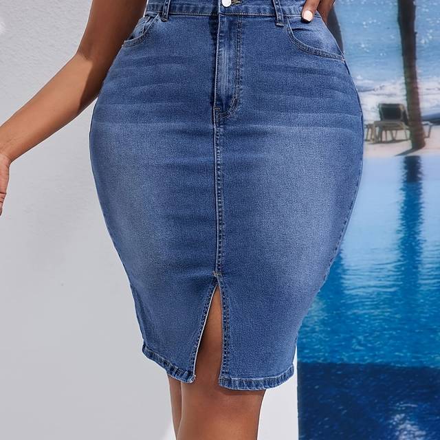 TEMU [] Elegant Plus Size Denim Midi Skirt With Side Slit - High-stretch, Non-transparent, Washed Blue,, Pockets, Machine Washable - Spring/summer/fall