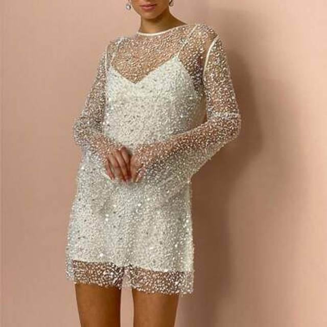 SHEIN Women&#39;s Summer Glitter Mini Dress Long Sleeve Round Neck Sheer Sequin Dress Two Piece Outfit