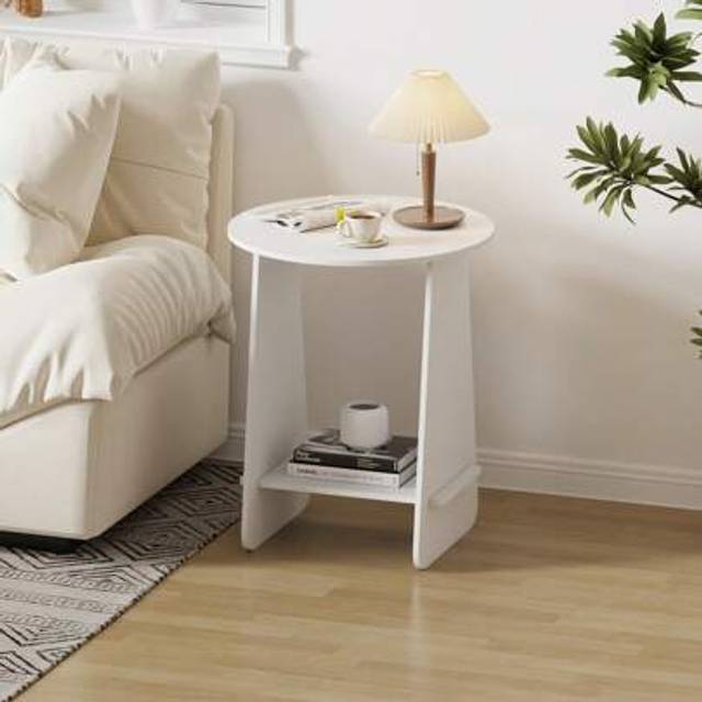 SHEIN Small Living Room End Table With Storage Shelf, Round Nightstand For Bedroom, Space Saving Sofa Side Table For Balcony Hallway Home Office, White