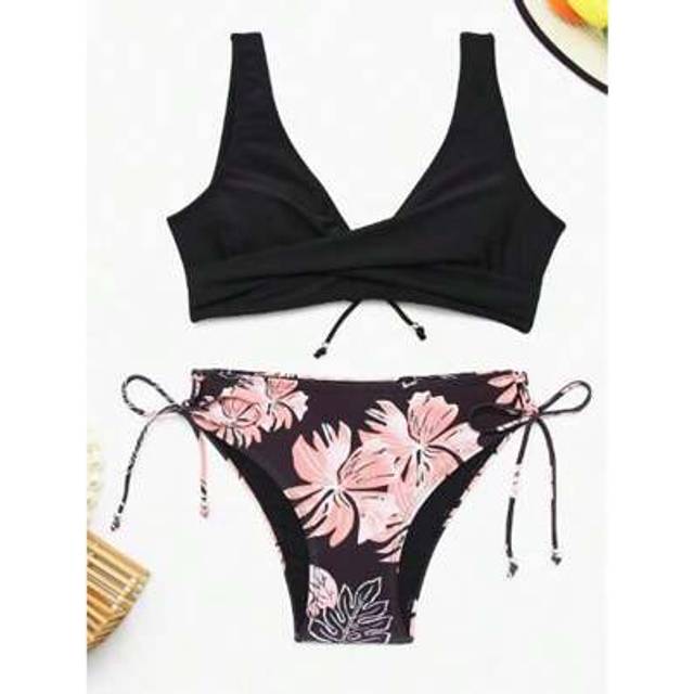 SHEIN Women&#39;s Summer Bikini Set Solid Color V-Neck Tank Tops With Lemon Print Low Waist Thong 2 Pcs Swimsuit