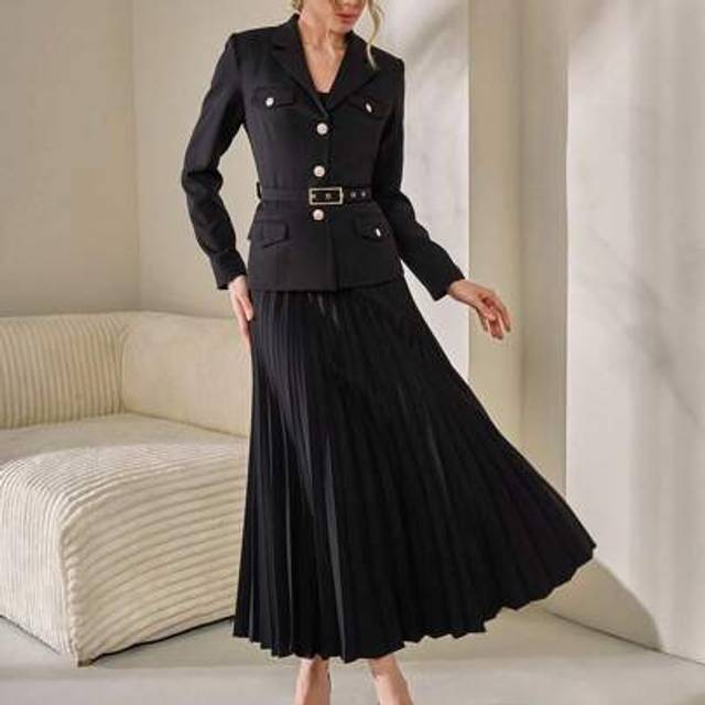 CLARA VERO Woman Solid Color Woven Elegant 2 Pieces Outfits Co-Ords Suit Set Gold Button Detailed Blazer Jacket And Pleated Midi Skirts Office Business Work Casu