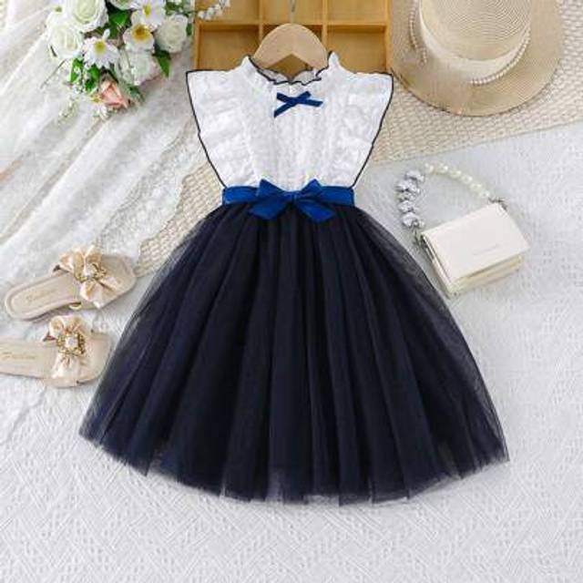 SHEIN 3-10 Years Old Toddler Kids Girls Princess Dresses Tulle Patchwork Dress Texture Ruffle Trim Vest Dress Sleeveless Mock Neck A Line Dress With Satin B