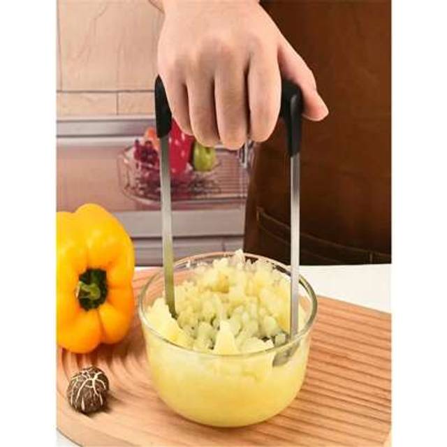 SHEIN Stainless Steel Potato Masher And Ricer - A Manual Kitchen Tool For Making Smooth Mashed Potatoes And Vegetables, Featuring A Durable Double-Blade Des