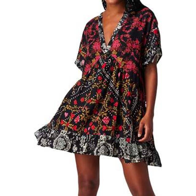 SHEIN Women&#39;s Summer Babydoll Tunic Dress Bohemian Floral Print Short Sleeve V-Neck Flowy Dress With Pockets