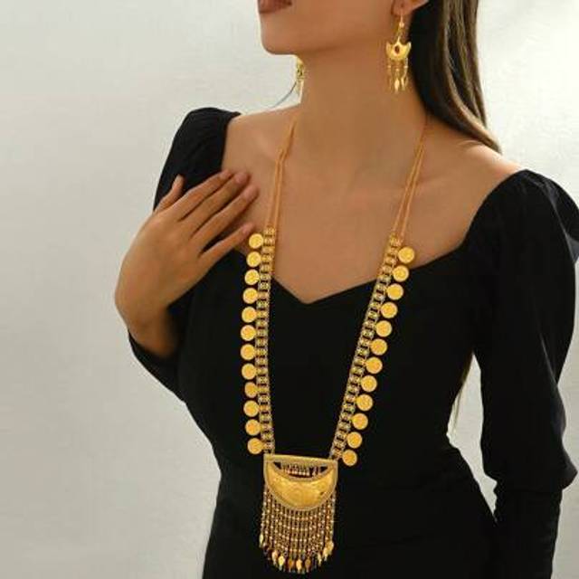 SHEIN 3pcs/Set Vintage Gifts, Gold Moon Coin Tassels Exaggerated Necklace & Earrings Set For Women, Party/Wedding Dress Jewelry