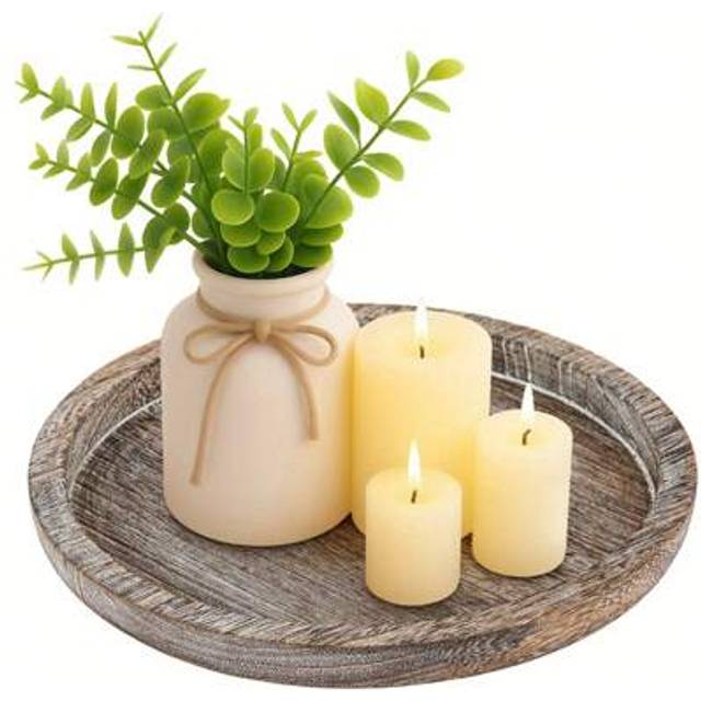 SHEIN Wooden Candle Holder Tray: Round Decorative Candle Plate Farmhouse Table Centerpiece Rustic Wood Tealight Pillar Trays For Christmas Wedding Halloween