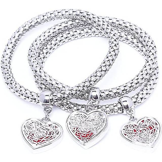 (As show, One size) Crystal Charms Multilayer Bracelets - 3pcs Gold/silver/rose Gold Corn Chain Bracelet For Women, Tree Of Life Heart Shaped Stretch