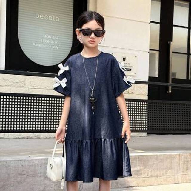 SHEIN Tween Girls Fashion Casual Y2k Vintage Cool White Wide Ribbon Bow Design Small Round Neck Loose Short-Sleeved Dress For Tween Girl Clothes Girls Costu