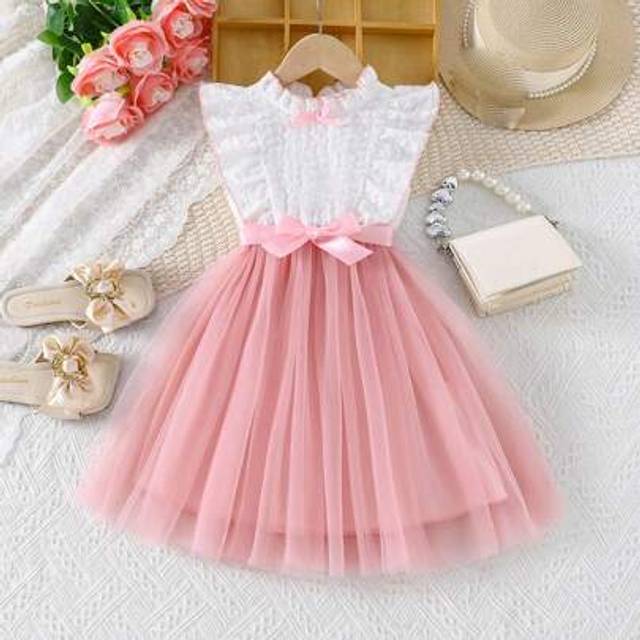 SHEIN 3-10 Years Old Toddler Kids Girls Princess Dresses Tulle Patchwork Dress Texture Ruffle Trim Vest Dress Sleeveless Mock Neck A Line Dress With Satin B