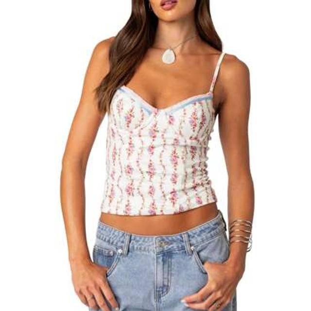 SHEIN Women Floral Corset Camisole Cirss Cross Lace Up Backless Spaghetti Strap V Neck Fitted Tank Top Y2K Going Out
